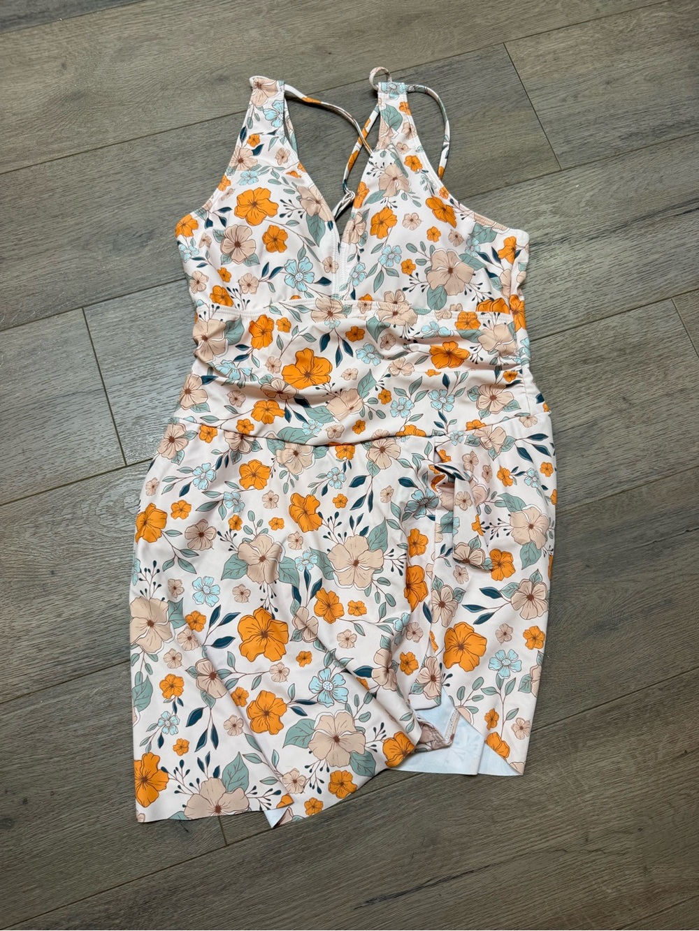 Floral V‑Neck Spaghetti Strap Dress in Cream and Orange